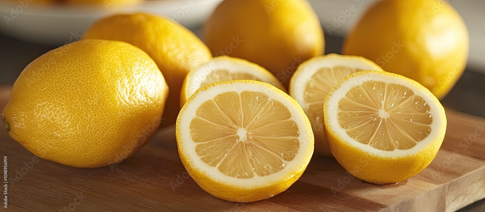 Poster lemons sliced open on a cutting board. with copy space image. place for adding text or design