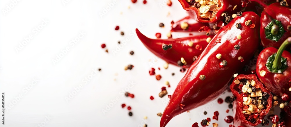Poster close up of fresh crisp red hot peppers one pepper is cut open revealing its seeds the spices are st