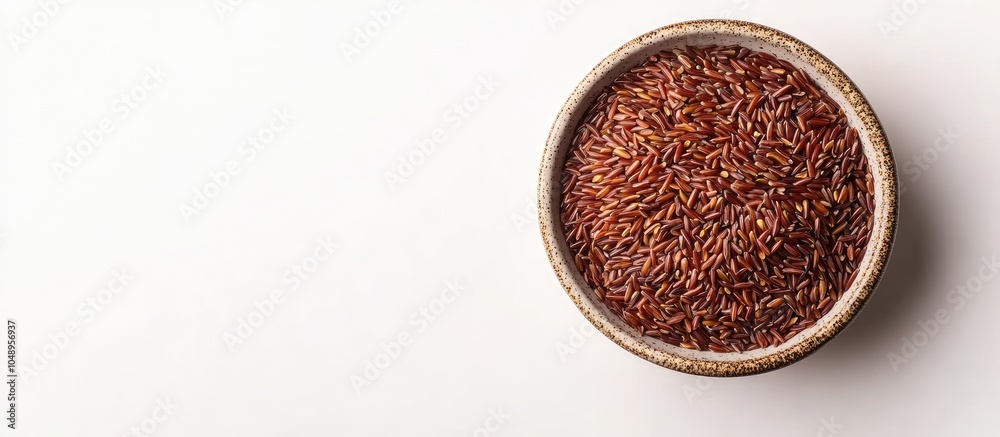 Aufkleber uncooked red rice in a ceramic bowl on a white background vertical top view. with copy space image. 