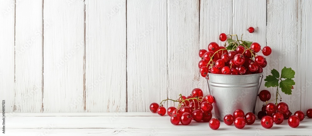 Leinwandbilder fresh red currants and a bucket isolated on a white wooden background in a flat lay the image has co
