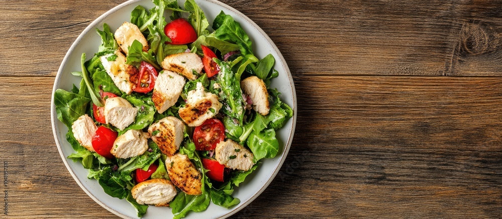 Fototapete chicken salad presented on a plate set against a wooden background. with copy space image. place for