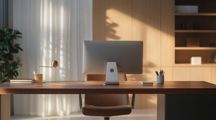 minimalist home office desk with computer and lamp in warm natural light