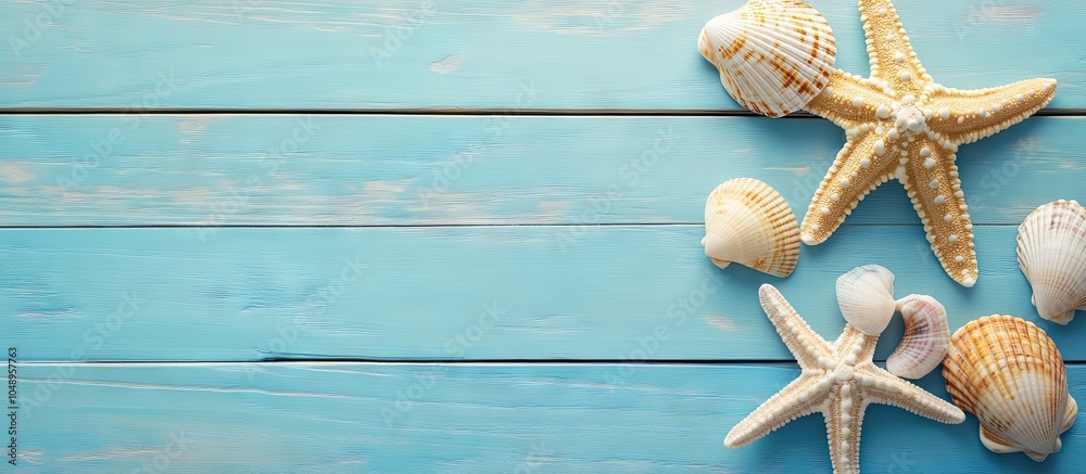 Poster summer concept flat lay arrangement featuring lovely starfish and sea shells on a blue wooden table 