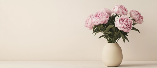 Naklejka premium Frame mockup featuring pink peony flowers in a vase designed for artwork presentation. with copy space image. Place for adding text or design