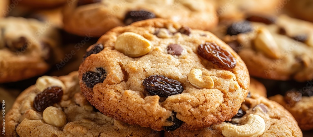 Poster Close up of cookies made with cashew nuts and raisins. with copy space image. Place for adding text or design