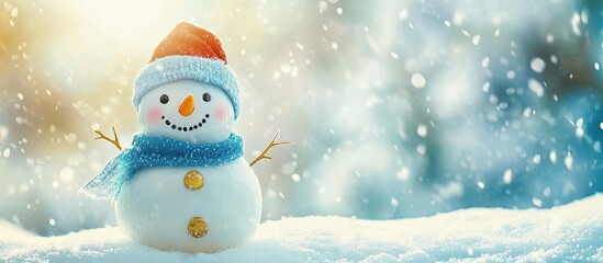 Obraz premium Snowman on snow Christmas ornament Winter season. with copy space image. Place for adding text or design