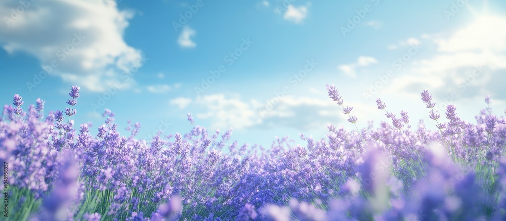 Fototapete a picture of blooming lavender flowers in a field under a blue sky featuring a space for text select