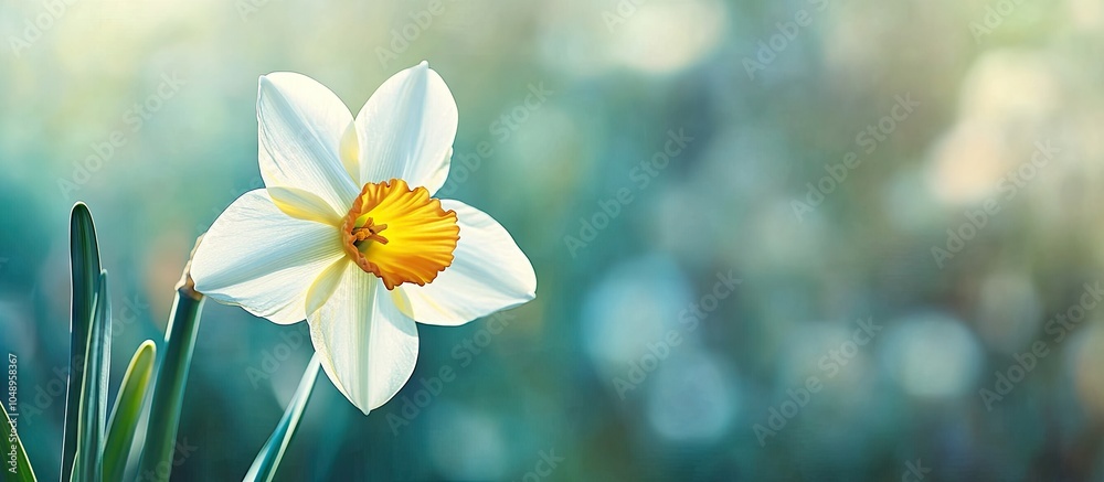 Poster narcissus a yellow white garden flower of spring. with copy space image. place for adding text or de