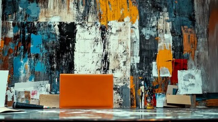 A close-up of an orange sketchbook with paint splatters on a table in front of an abstract art piece - Powered by Adobe