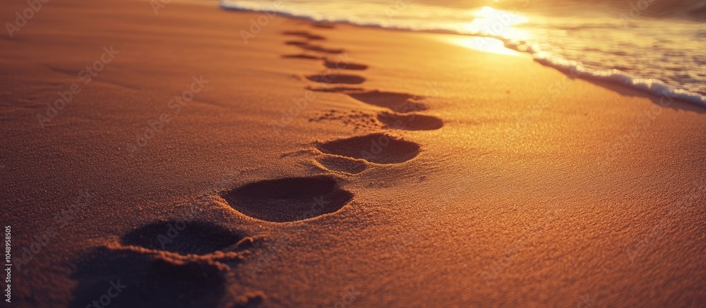 Poster high angle view of footprints on a sandy beach at the shore at sunset with copy space unmodified bro