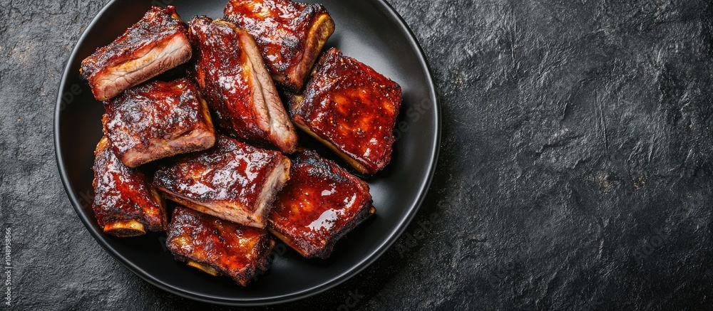 Poster close up of spicy grilled spare ribs on a plate resting on a dark stone background with copy space t