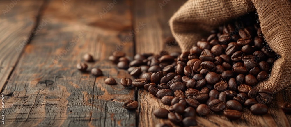 Leinwandbilder Close up of a bag of roasted coffee beans on a wooden table Room for text. with copy space image. Place for adding text or design