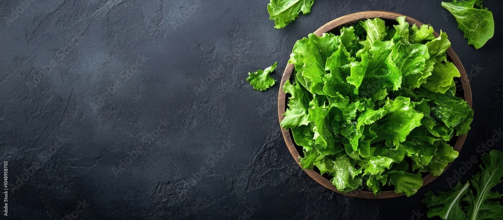Poster Fresh green lettuce salad on a dark background with top view copy space