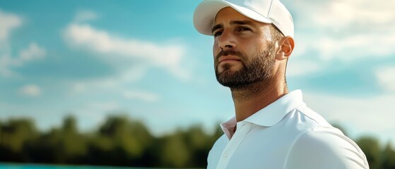  A bearded man, clad in a white shirt and hat, stands before a body of water