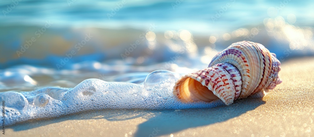 Poster Tranquil and calm ocean water view Close up of a colorful patterned exotic seashell on a sunlit sandy beach suitable for background or copyspace Bubbles in small waves