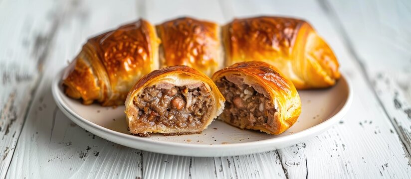 Homemade beef sausage kolache on a white plate against a white wooden background viewed from a low angle Copyspace