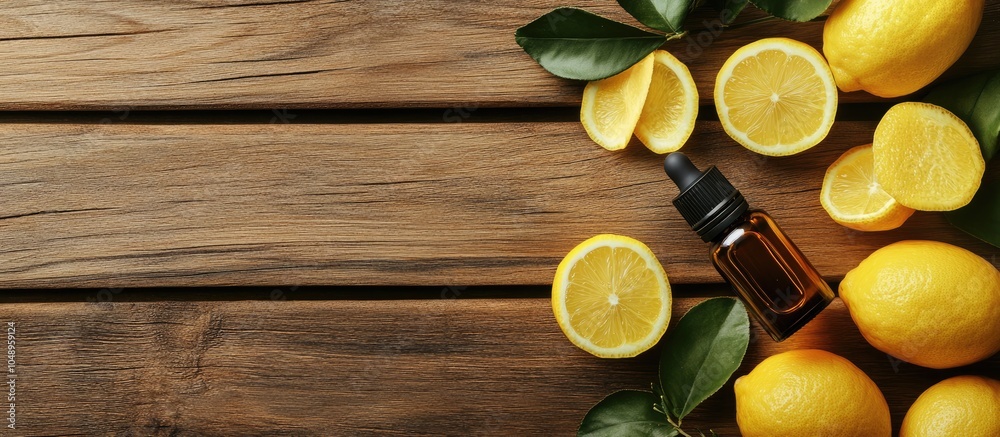Poster Bottle of lemon essential oil placed on a wooden background. with copy space image. Place for adding text or design