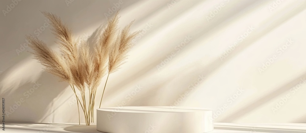 Aufkleber Podium for presenting cosmetic products Abstract minimal geometric shape Cylinder podium featuring dry pampas grass and a soft shadow Setting for product display Showcase display case Flat lay top v