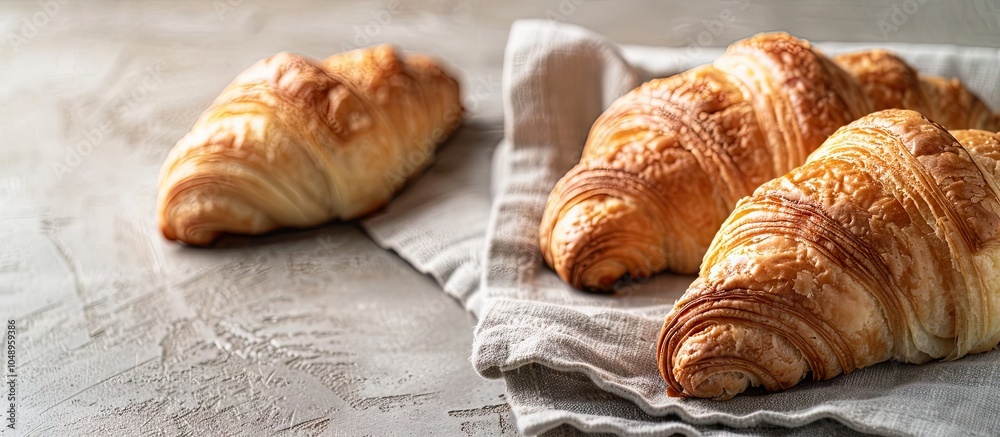 Fototapete homemade french croissants just out of the oven on a tablecloth selective focus blank area for text.