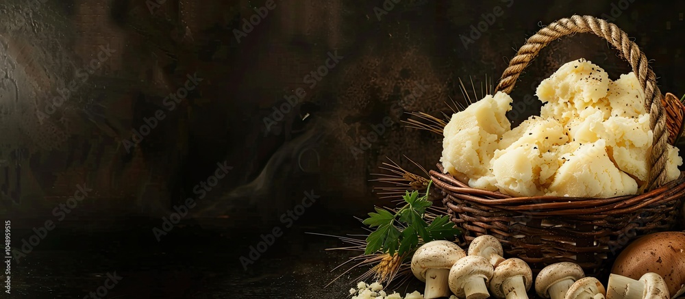 Aufkleber Baskets containing mashed potatoes cheese and mushrooms set against a black background Copy space