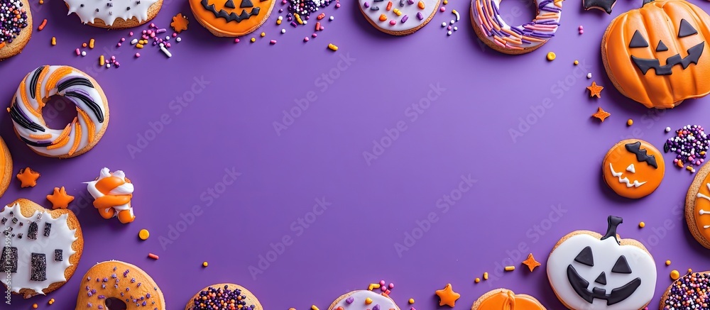 Aufkleber frame constructed from various delicious cookies and sprinkles for a halloween celebration on a purp