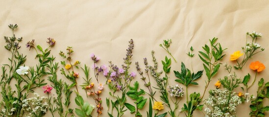 Herb and flower collection utilized in natural healing herbal medicine culinary seasoning and decoration Health care nature concept on a hemp paper background Flat lay top view copy space