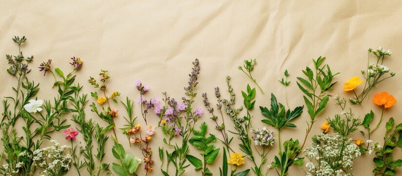 Herb and flower collection utilized in natural healing herbal medicine culinary seasoning and decoration Health care nature concept on a hemp paper background Flat lay top view copy space