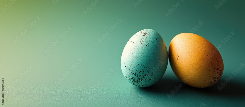 Fototapete Two colored Easter eggs resting on a green background with space for text. with copy space image. Place for adding text or design