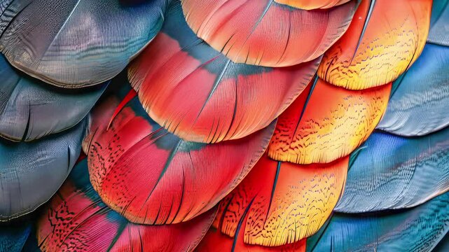 Colorful bird feathers forming intricate overlapping pattern