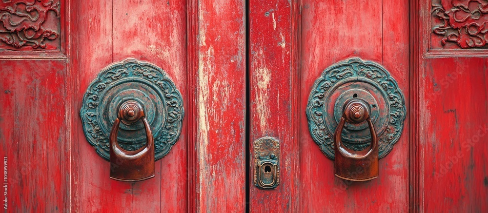 Poster closeup of an oriental style vintage door handle on the patterned frames of red double door panels o