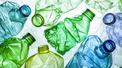 Obraz premium Crumpled Plastic Bottles in Various Green Shades