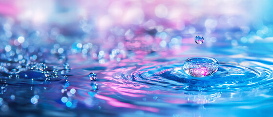 Water Droplet Splashing in Blue Water with Pink and Purple Background, Water Droplet Splashing in Blue Water with Pink and Purple Backg