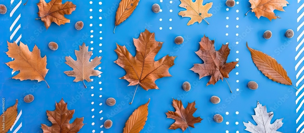 Poster autumn arrangement a frame crafted from creatively dried maple and oak leaves featuring white stripe