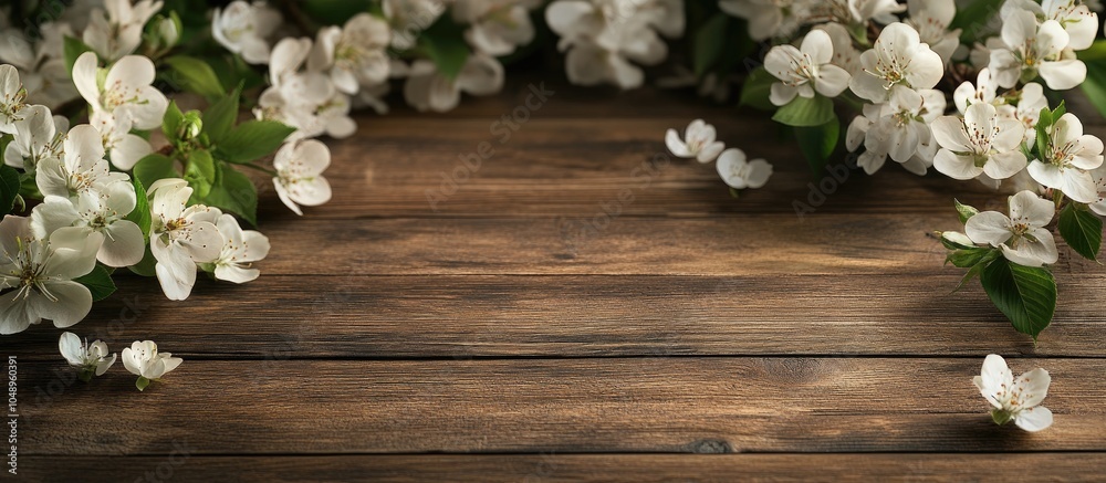 Aufkleber Lovely blooming branches on a wooden surface. with copy space image. Place for adding text or design