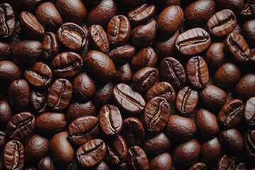 Richly roasted coffee beans scattered across a rustic wooden surface in soft morning light. Generative AI