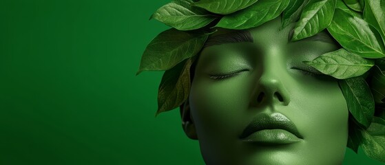  A close-up of a woman's face with green leaves placed atop her head and her eyes gently closed