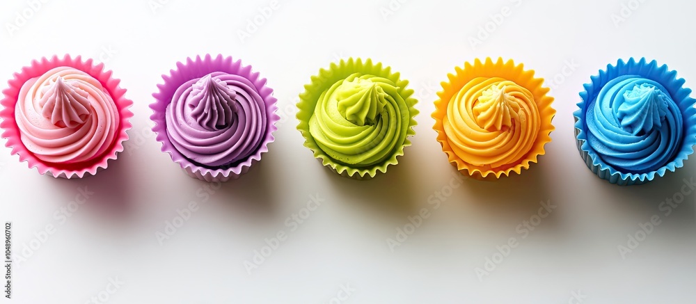 Poster Multicolored silicone molds for baking cupcakes against a white background top view. with copy space image. Place for adding text or design