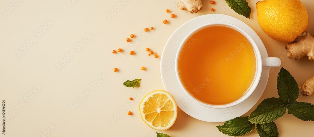 Aufkleber warming sea buckthorn tea with mint ginger honey and lemon in a white tea cup set against a beige ba