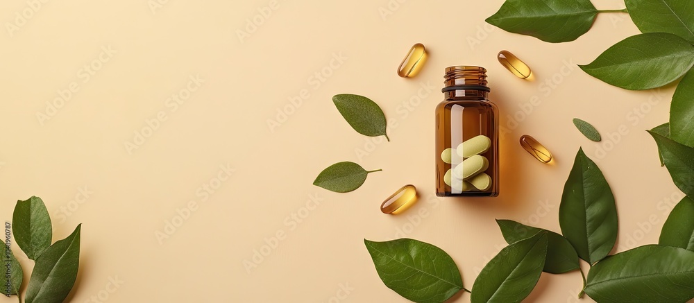 Poster Bottle containing pills and green leaves set against a colored background top view. with copy space image. Place for adding text or design
