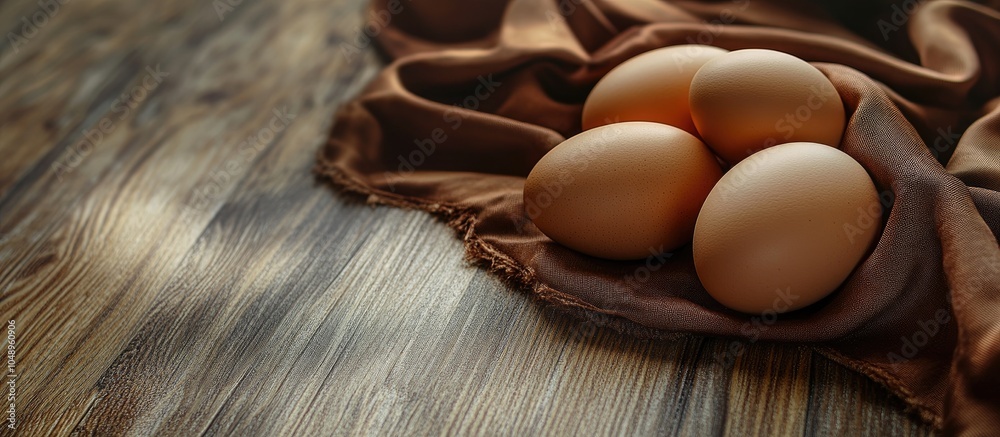 Aufkleber Brown chicken eggs rest on a wooden floor alongside brown fabric in a vintage style. with copy space image. Place for adding text or design