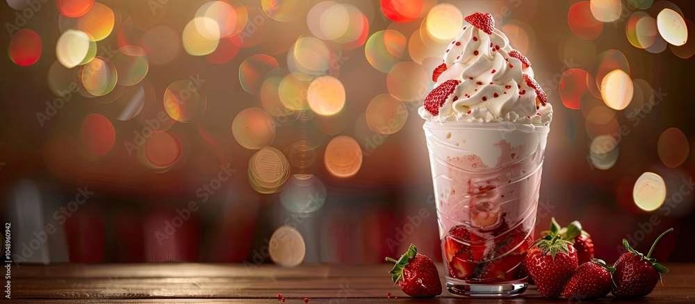 Poster Strawberry sundae ice cream topped with whipped cream in a glass on a wooden table accompanied by a bokeh background and copyspace