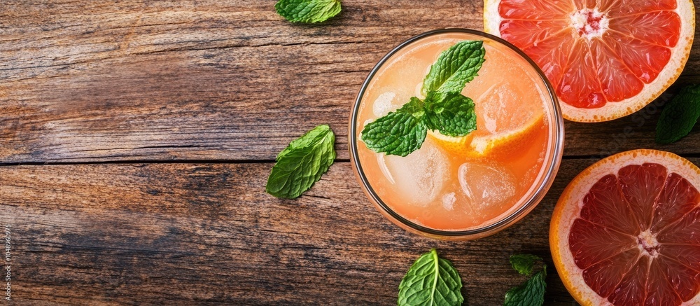 Aufkleber glass of a refreshing drink featuring grapefruit and mint on a wooden table top view copyspace avail