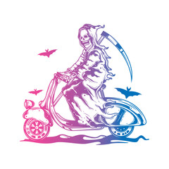 Death on a Scooter. Halloween Poster. Original vector illustration in vintage style. T-shirt design.