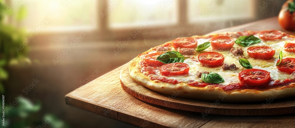 Poster comprising a typically round flattened base of leavened wheat dough topped with tomatoes cheese and 