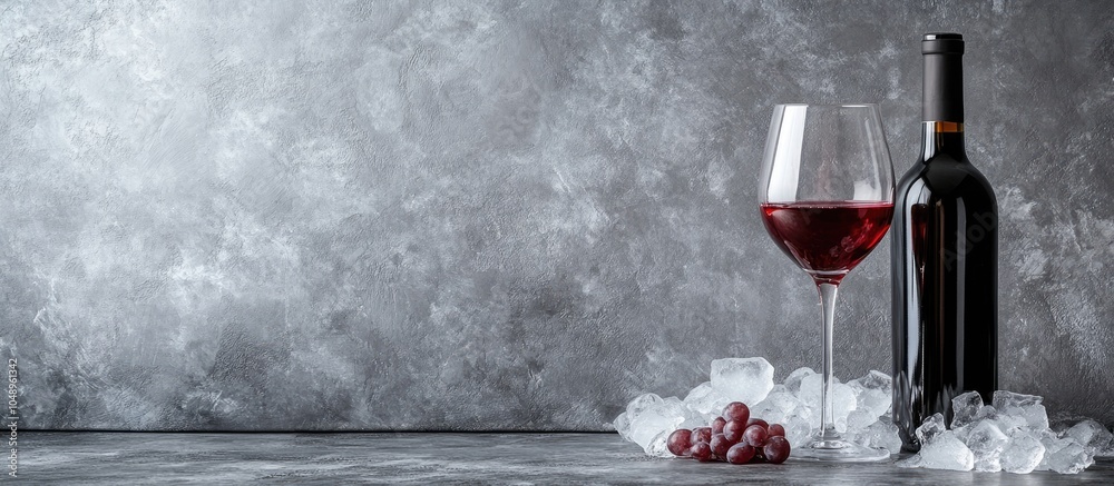 Poster red wine glass on ice and a bottle on a gray background with copyspace and room for text