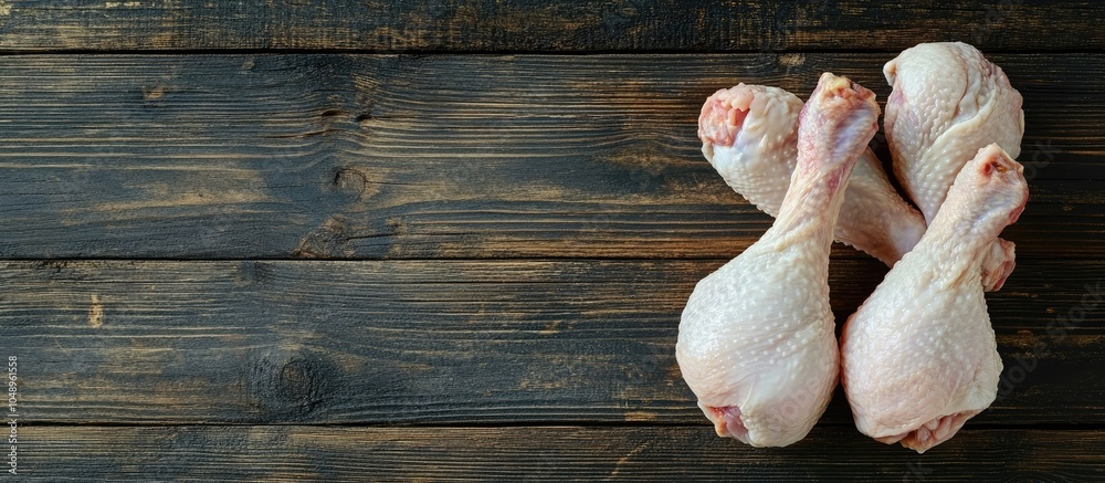 Leinwandbilder Raw chicken legs on a wooden surface up close. with copy space image. Place for adding text or design