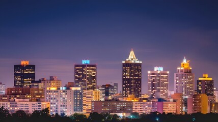 Fototapeta premium A-nighttime-city-skyline-with-tall-buildings