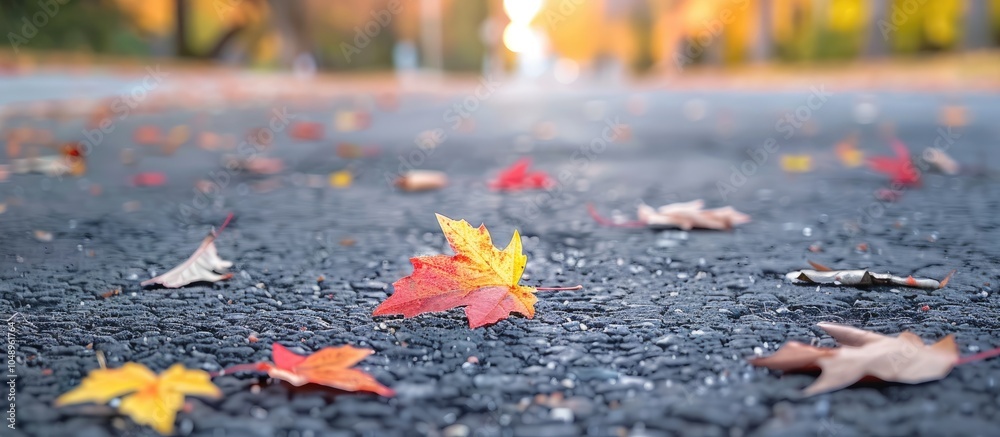 Fototapete Autumn colors tiny maple leaves in red yellow and orange lie on an asphalt driveway with a street visible in the background. with copy space image. Place for adding text or design