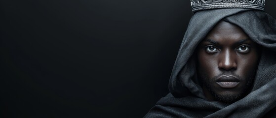  A man in a black robe and shawl wears a crown