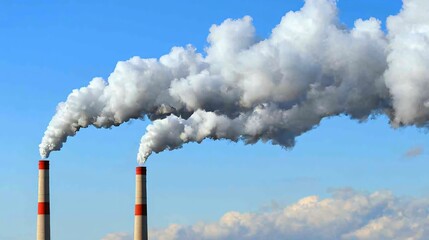 Dramatic Industrial Smokestacks Against Blue Sky